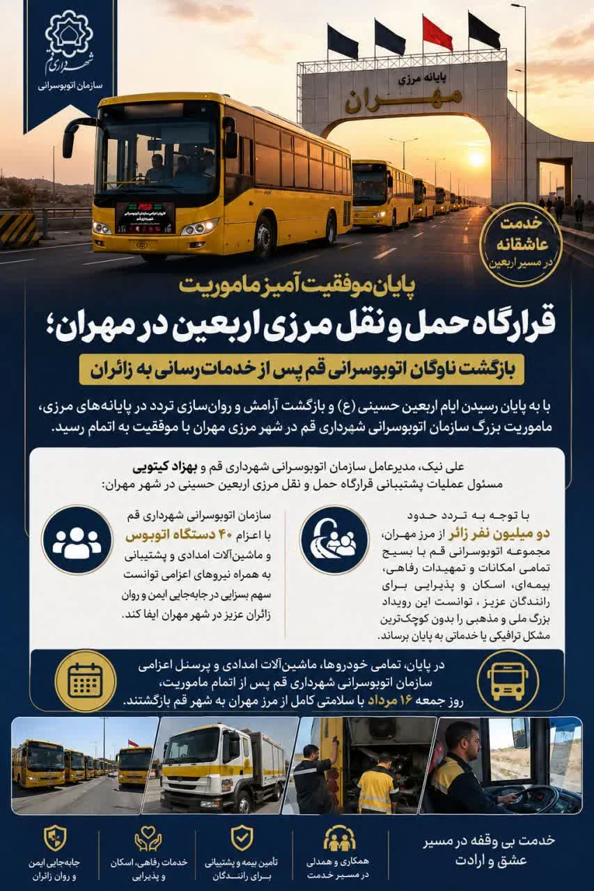 مأموریت اربعین اتوبوسرانی قم با موفقیت به پایان رسید/ ناوگان اعزامی به مرز مهران به شهر بازگشت