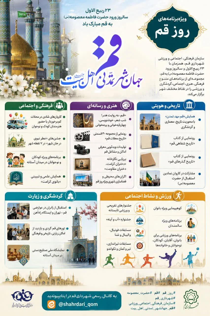 برگزاری برنامه‌های متنوع فرهنگی، هنری، گردشگری و ورزشی به مناسبت روز قم