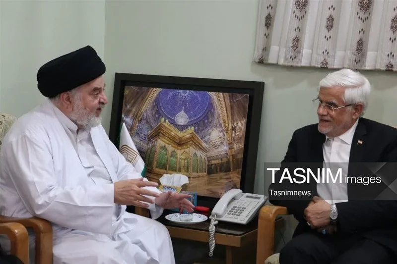 دیدار عارف با نماینده آیت‌الله سیستانی در ایران